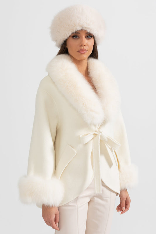 Casaco de Cashmere com Gola de Pelo de Raposa Oversized - Branco Sujo