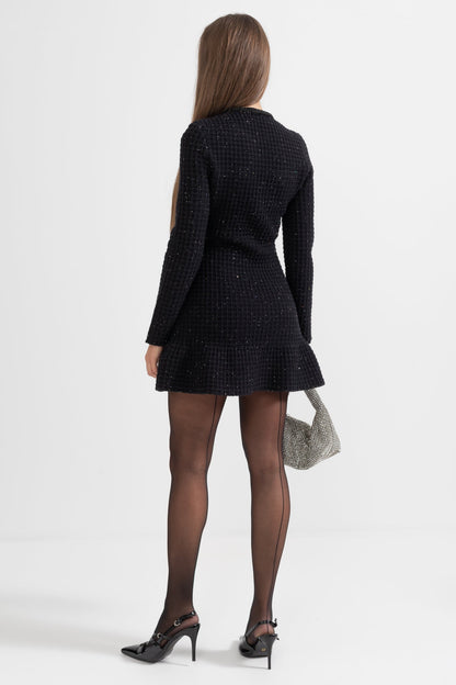 Vestido Tricotado Preto de Manga Longa até ao Joelho