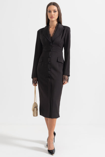 Vestido Elegante com Botões e Detalhes em Renda - Preto