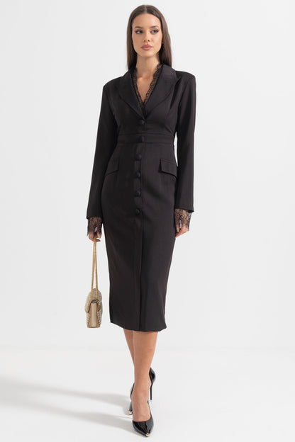 Vestido Elegante com Botões e Detalhes em Renda - Preto