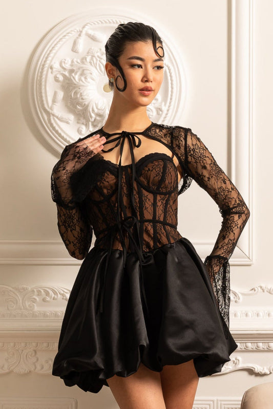 Vestido Mini de Corset em Renda com Decote de Laço - Preto