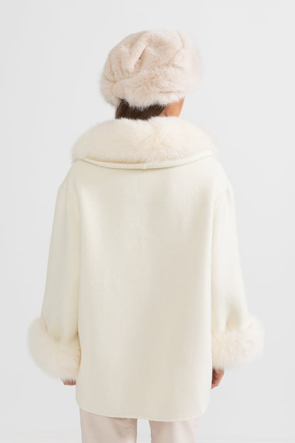 Casaco de Cashmere com Gola de Pelo de Raposa Oversized - Branco Sujo