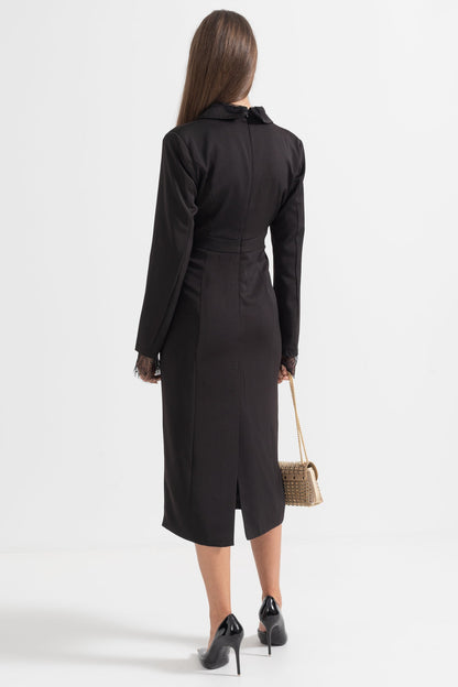Vestido Elegante com Botões e Detalhes em Renda - Preto