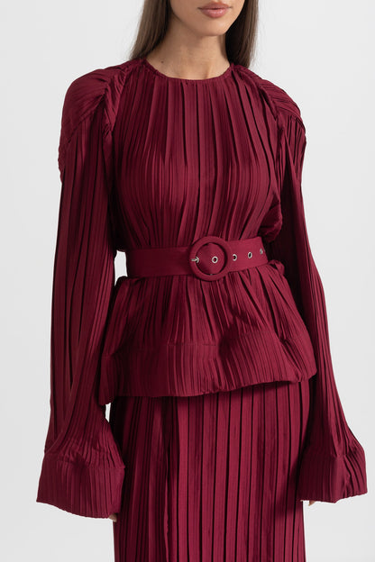 Conjunto Elegante Com Top Plissado E Saia Maxi - Burgundy