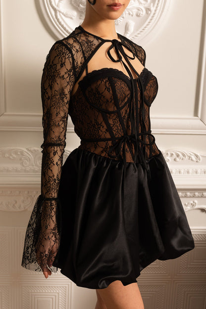 Vestido Mini de Corset em Renda com Decote de Laço - Preto