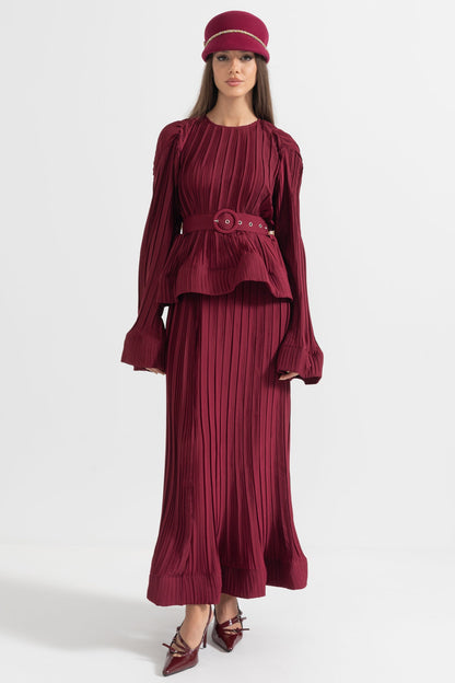 Conjunto Elegante Com Top Plissado E Saia Maxi - Burgundy