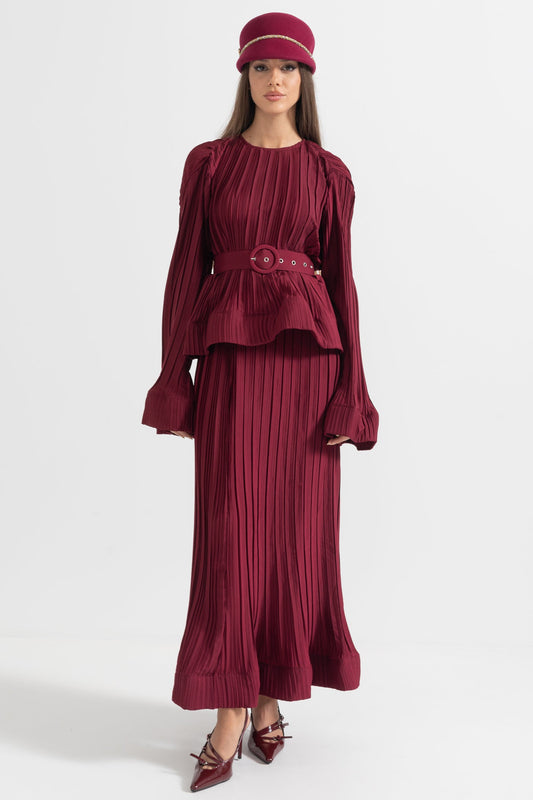 Conjunto Elegante Com Top Plissado E Saia Maxi - Burgundy