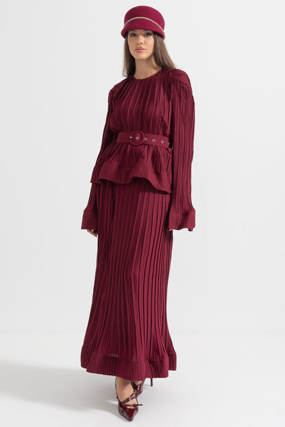 Conjunto Elegante Com Top Plissado E Saia Maxi - Burgundy