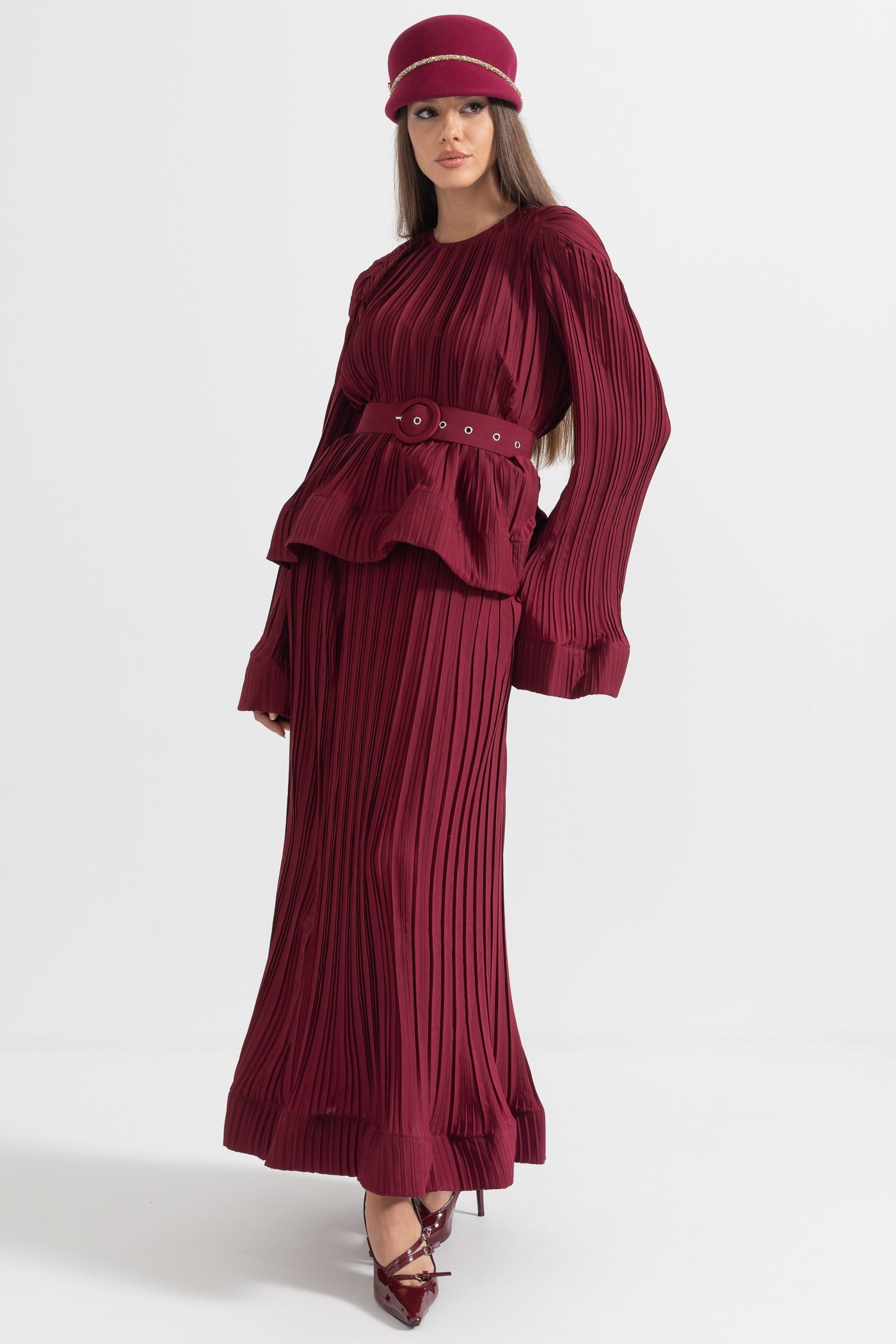 Conjunto Elegante Com Top Plissado E Saia Maxi - Burgundy