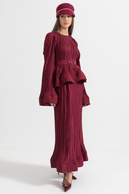 Conjunto Elegante Com Top Plissado E Saia Maxi - Burgundy