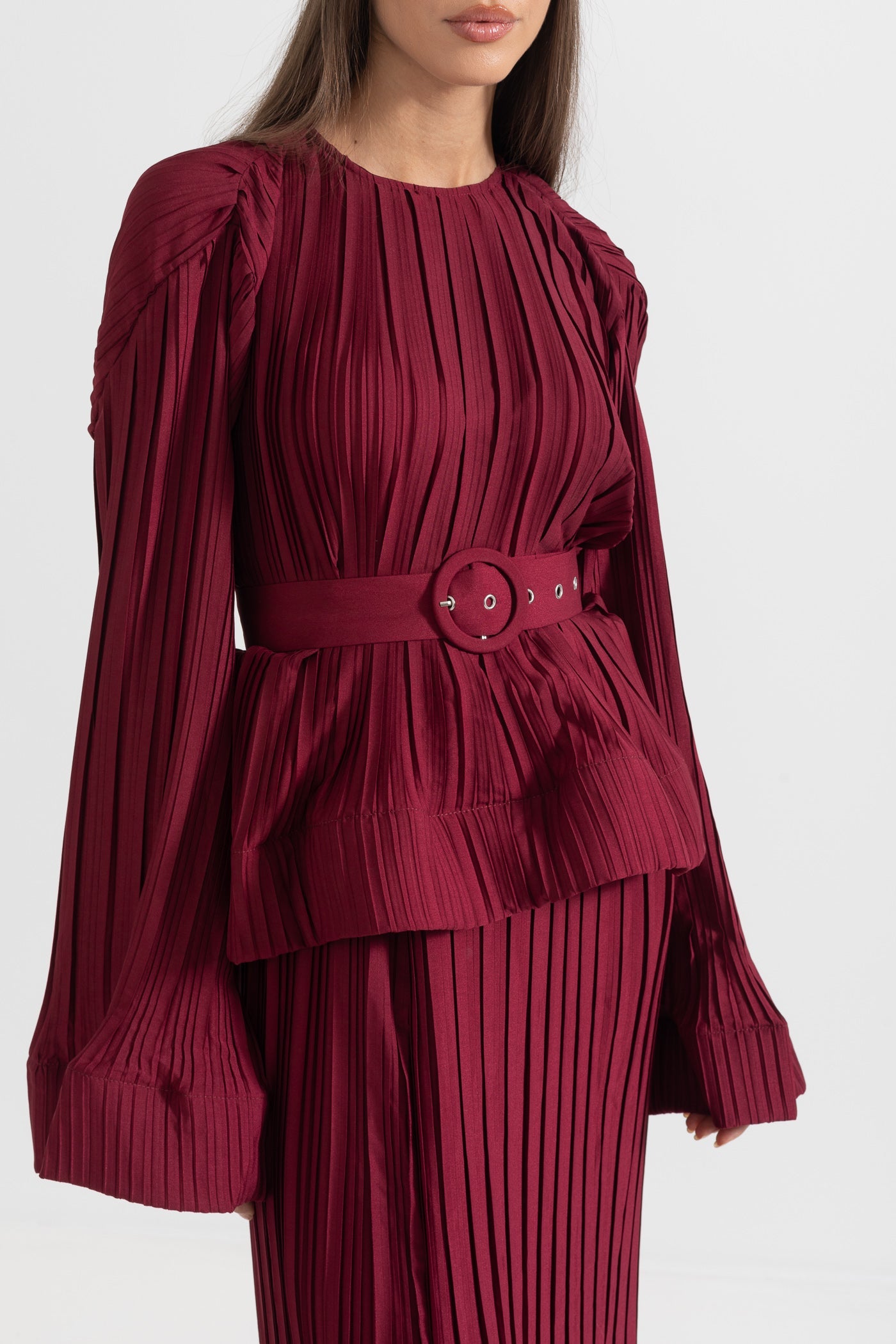 Conjunto Elegante Com Top Plissado E Saia Maxi - Burgundy