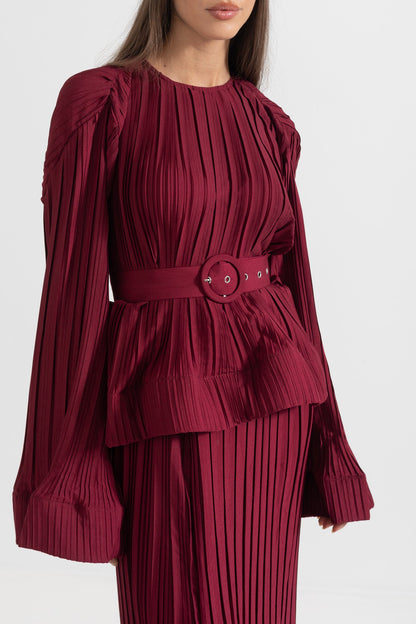 Conjunto Elegante Com Top Plissado E Saia Maxi - Burgundy