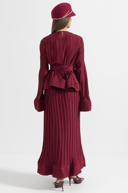 Conjunto Elegante Com Top Plissado E Saia Maxi - Burgundy