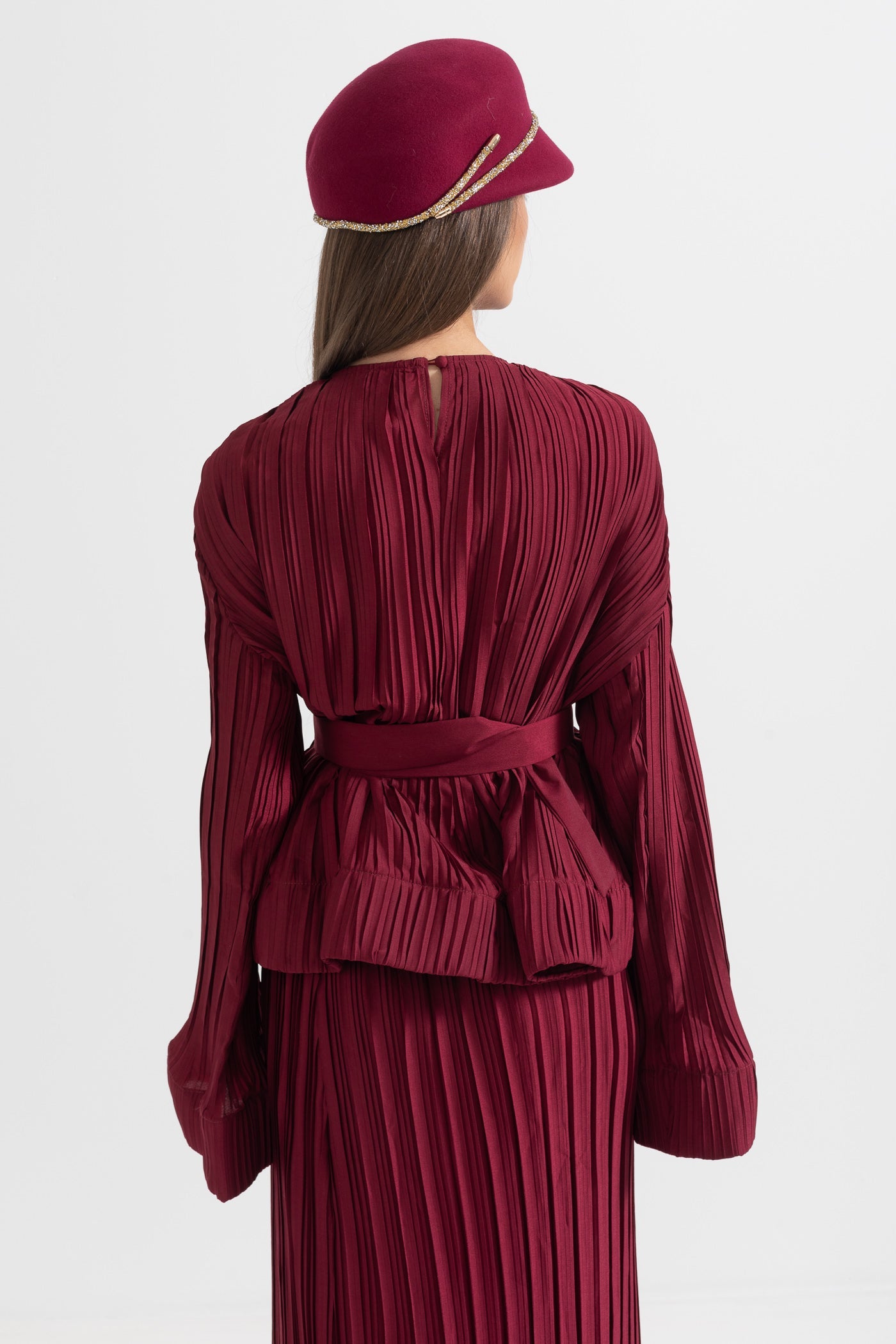 Conjunto Elegante Com Top Plissado E Saia Maxi - Burgundy