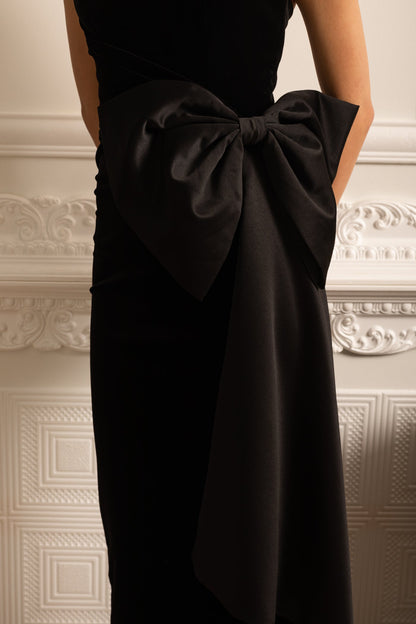 Vestido Elegante Sem Alças Com Laço de Cetim Drapeado - Preto