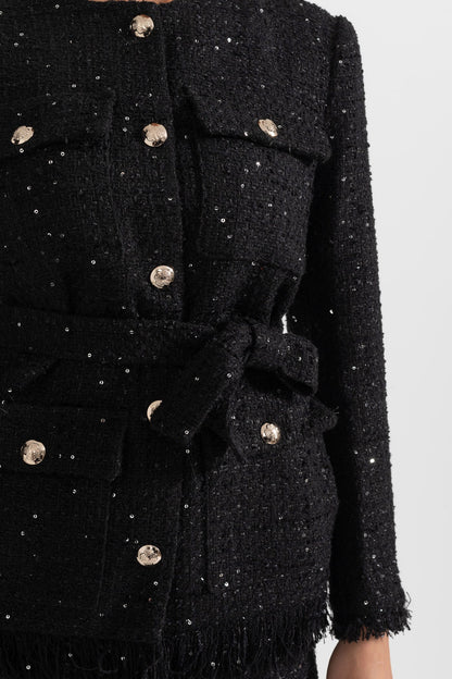 Blazer Elegante de Tweed com Cinto na Cintura - Preto