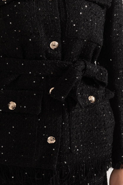 Blazer Elegante de Tweed com Cinto na Cintura - Preto