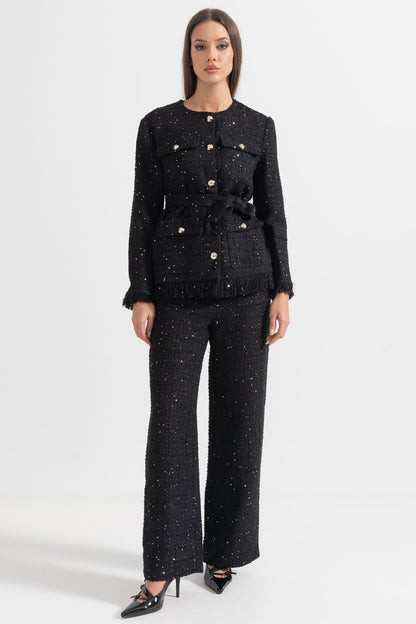 Blazer Elegante de Tweed com Cinto na Cintura - Preto