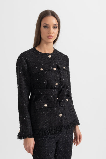 Blazer Elegante de Tweed com Cinto na Cintura - Preto