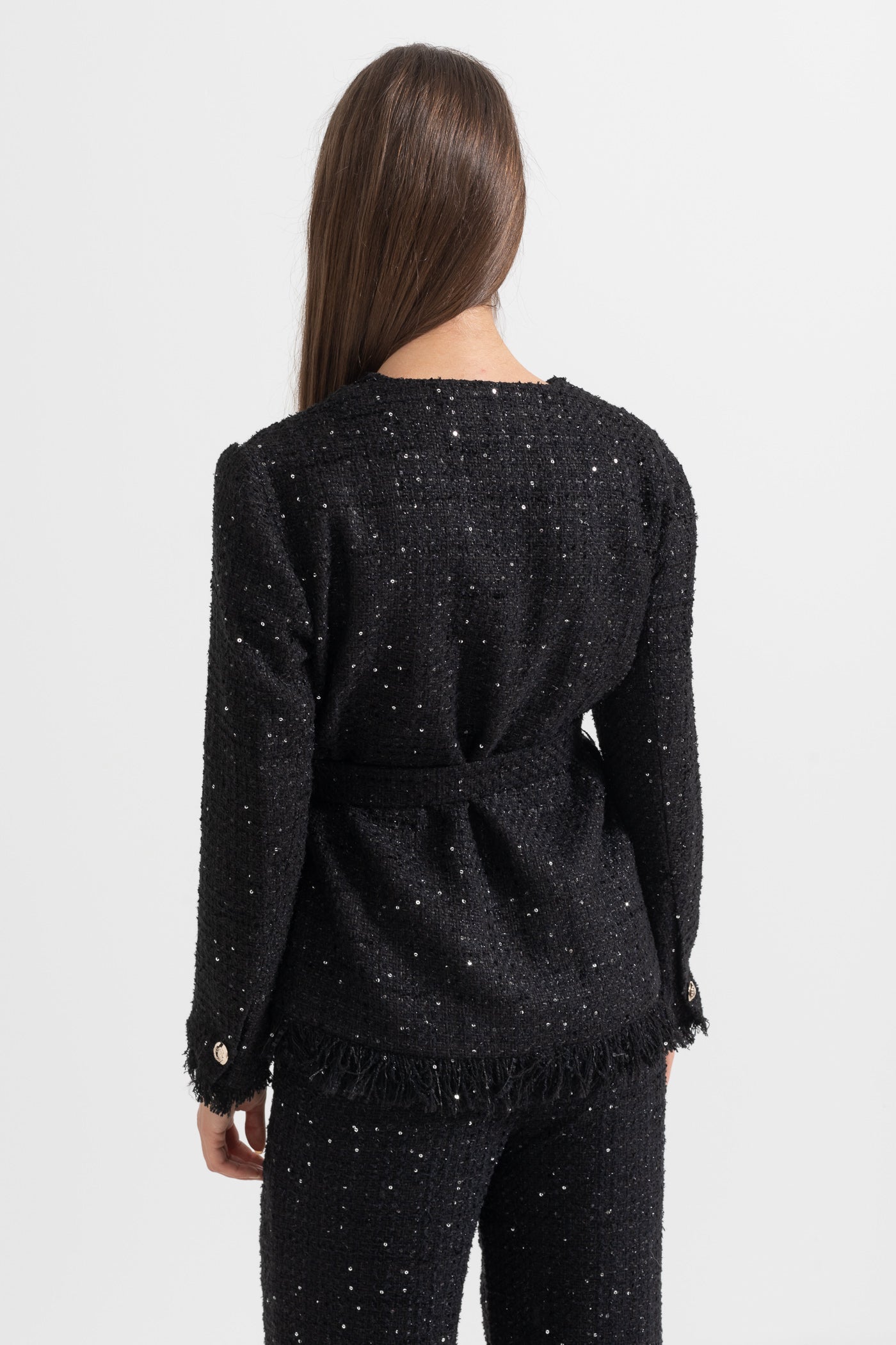 Blazer Elegante de Tweed com Cinto na Cintura - Preto