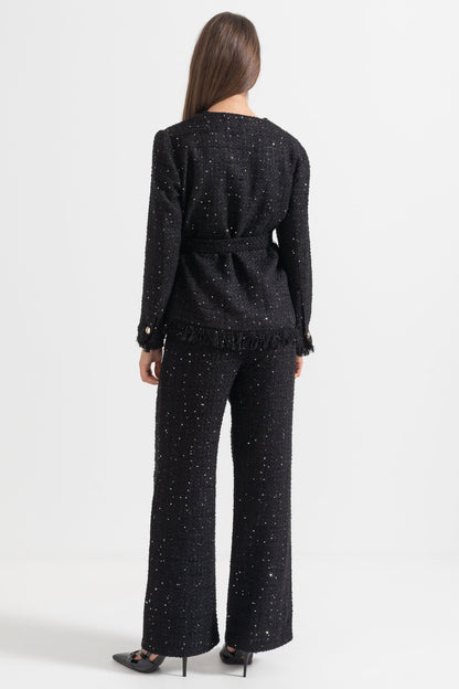 Blazer Elegante de Tweed com Cinto na Cintura - Preto