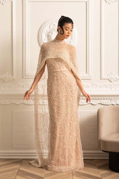 Vestido Glamouroso com Contas e Véu Destacável - Bege