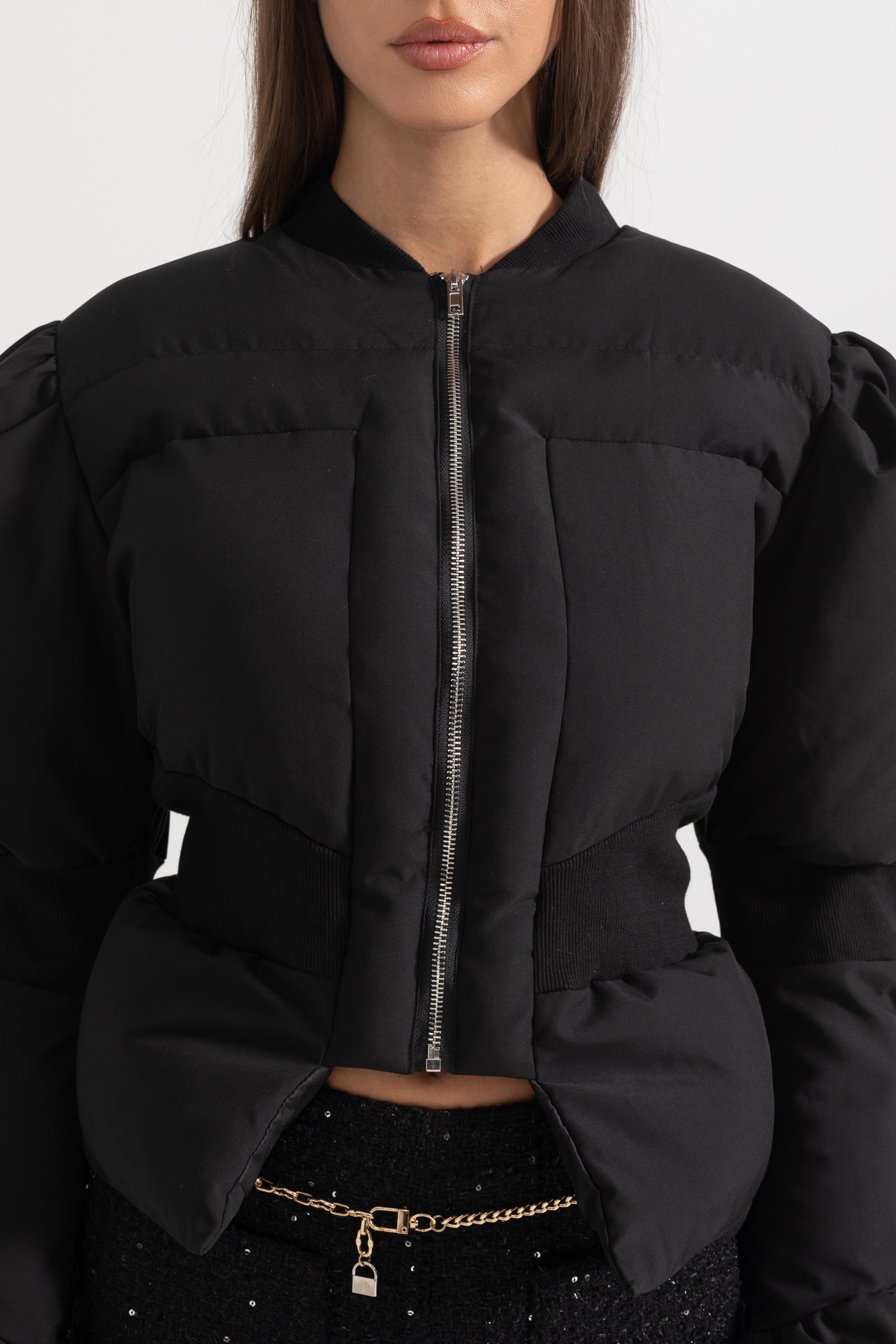 Casaco Puffer Cortado Com Cintura Ajustada - Preto