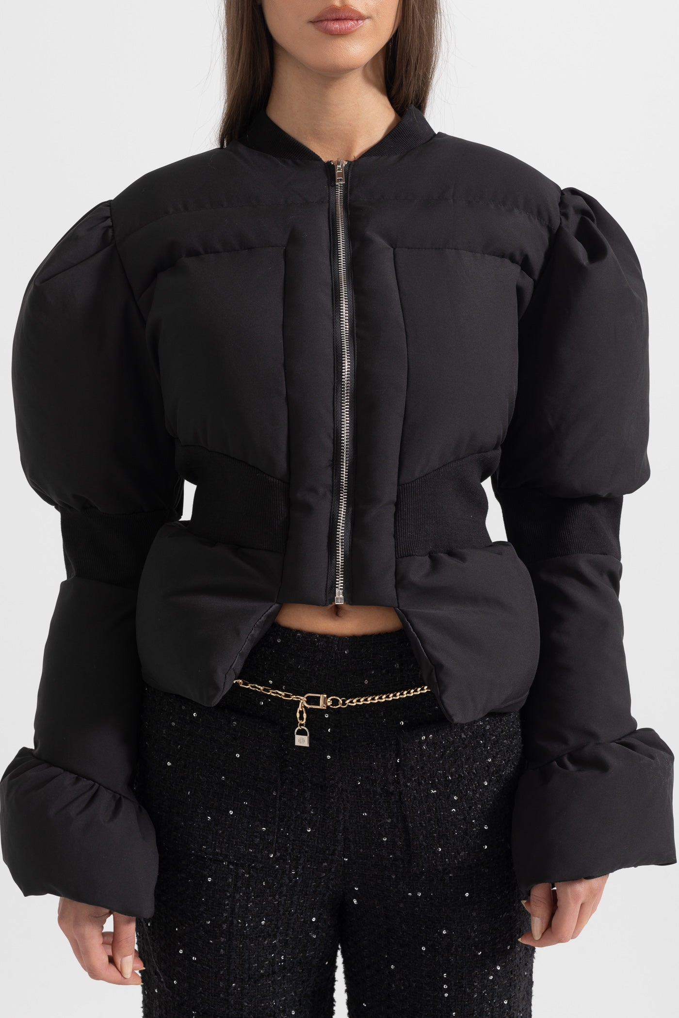 Casaco Puffer Cortado Com Cintura Ajustada - Preto