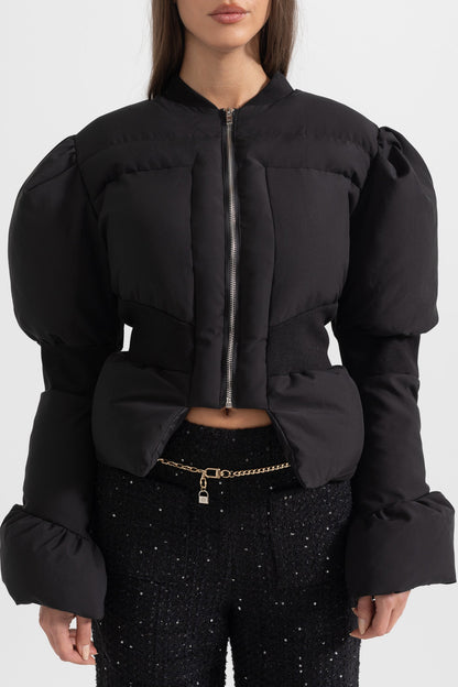Casaco Puffer Cortado Com Cintura Ajustada - Preto