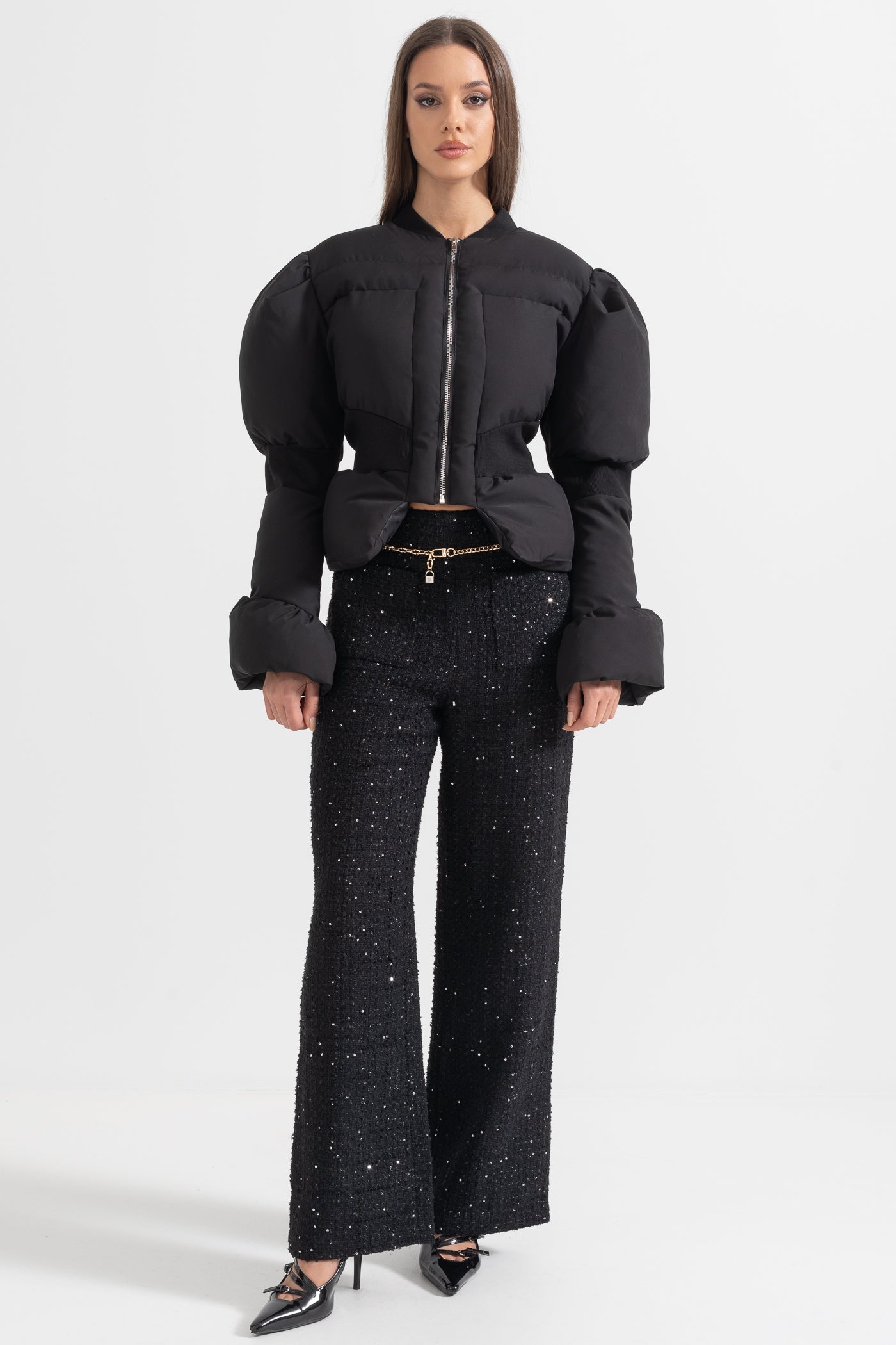 Casaco Puffer Cortado Com Cintura Ajustada - Preto