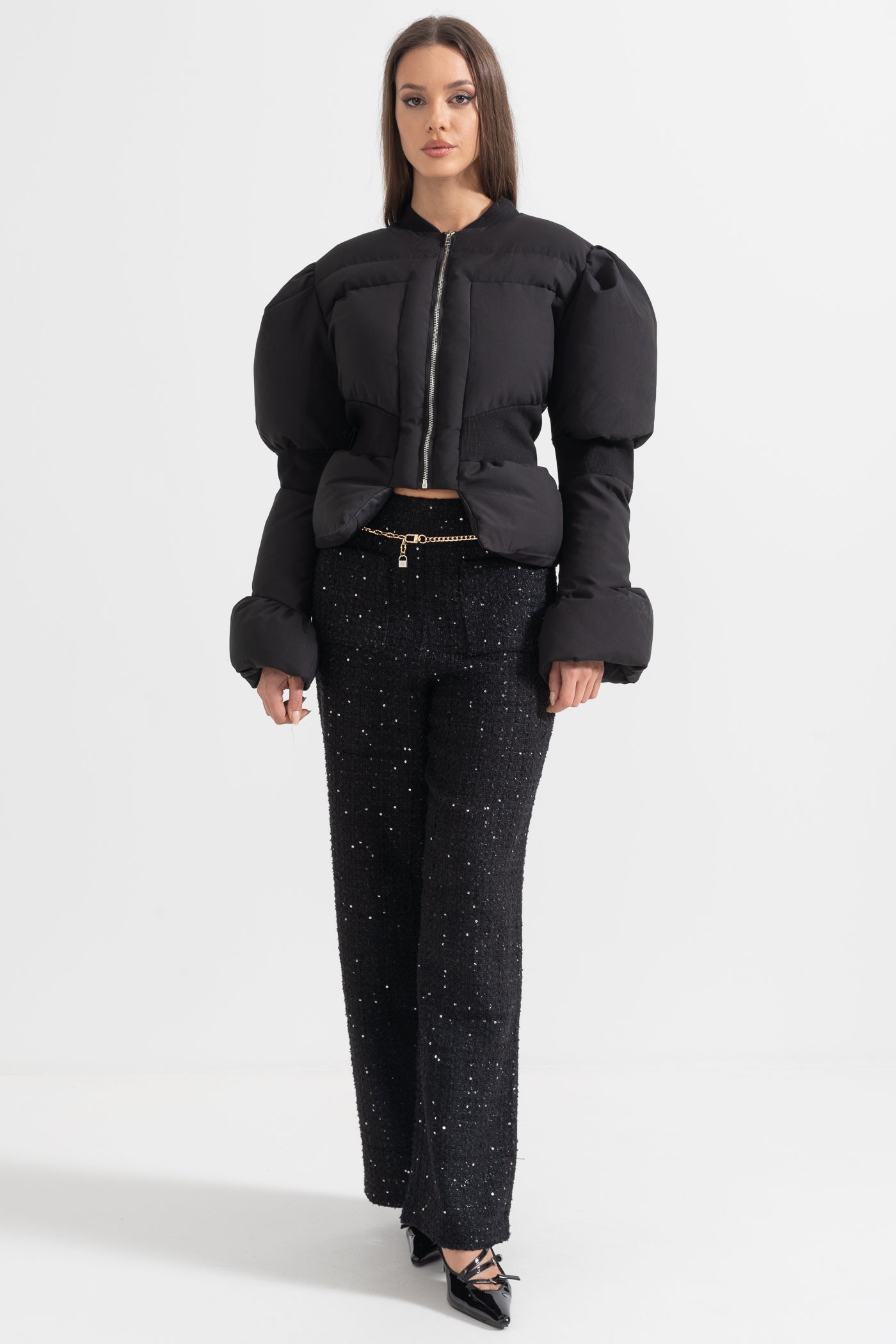 Casaco Puffer Cortado Com Cintura Ajustada - Preto