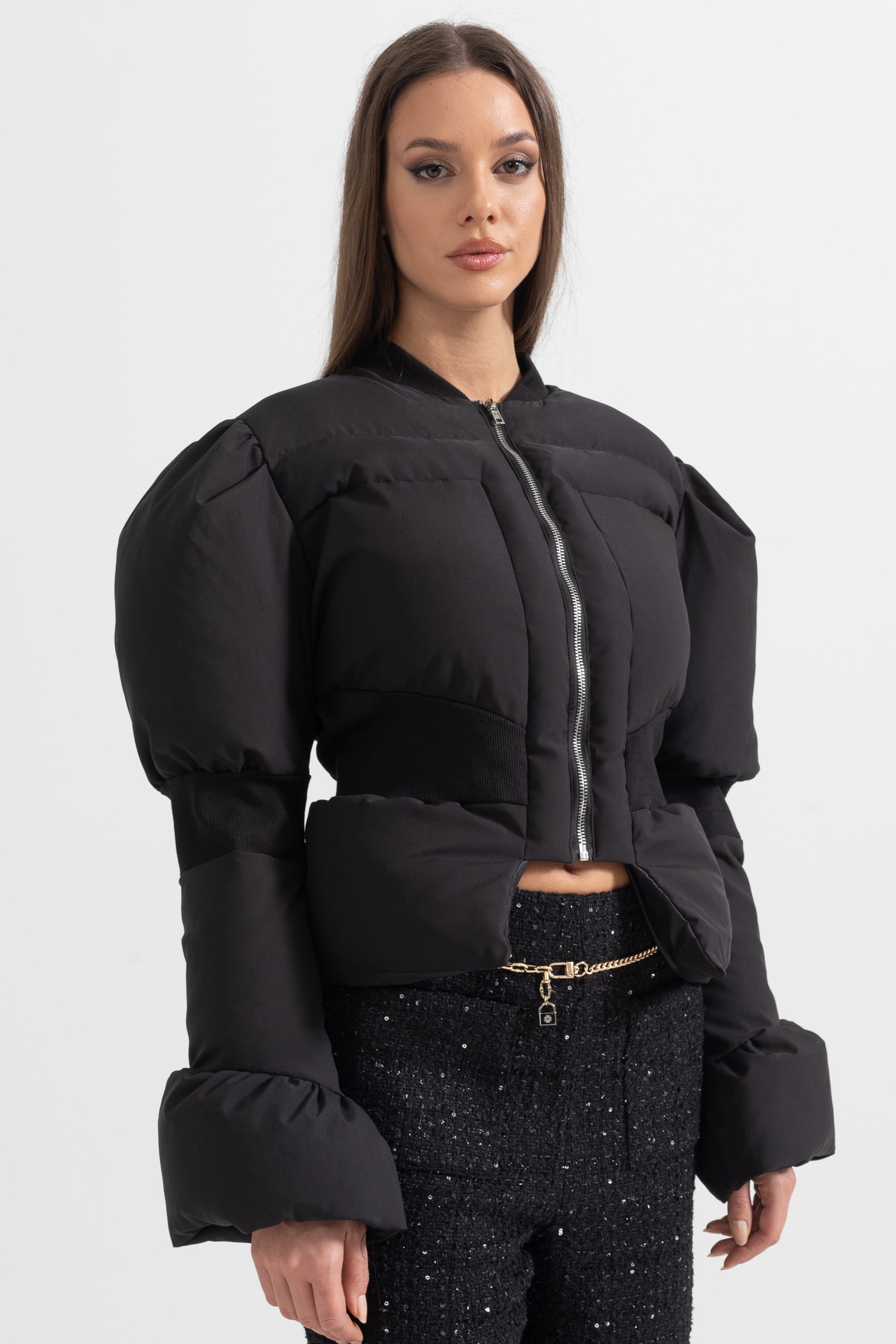 Casaco Puffer Cortado Com Cintura Ajustada - Preto