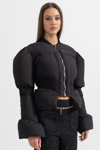 Casaco Puffer Cortado Com Cintura Ajustada - Preto