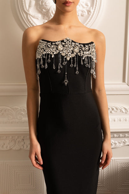Vestido Elegante Justo com Brilhos Prateados - Preto