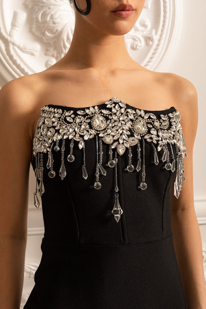 Vestido Elegante Justo com Brilhos Prateados - Preto