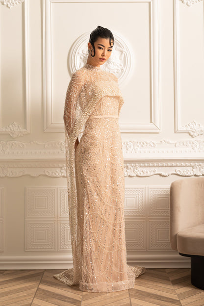 Vestido Glamouroso com Contas e Véu Destacável - Bege
