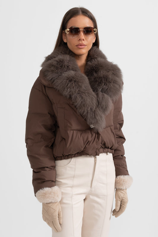 Casaco Puffer Com Capuz Forrado de Pele de Raposa Castanha - Castanho