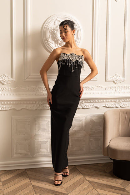 Vestido Elegante Justo com Brilhos Prateados - Preto