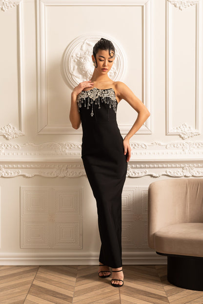 Vestido Elegante Justo com Brilhos Prateados - Preto