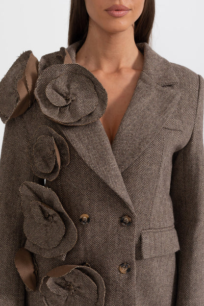 Blazer de Tweed Duplo com Aplicações Florais - Castanho