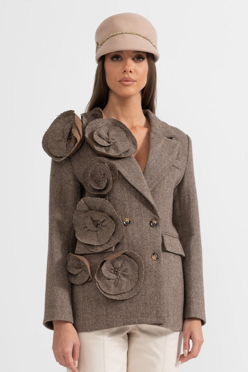 Blazer de Tweed Duplo com Aplicações Florais - Castanho