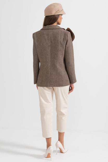 Blazer de Tweed Duplo com Aplicações Florais - Castanho