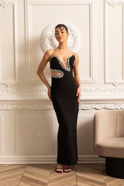 Vestido Elegante Justo com Recortes Frontais e Apliques Brilhantes - Preto