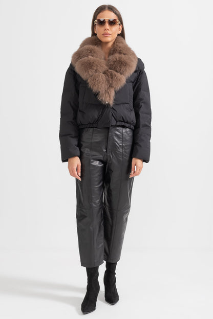 Casaco Puffer Com Capuz Forrado de Pele de Raposa Castanha - Preto