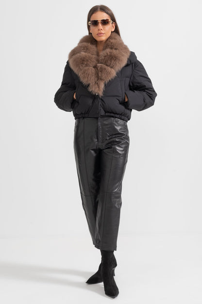 Casaco Puffer Com Capuz Forrado de Pele de Raposa Castanha - Preto