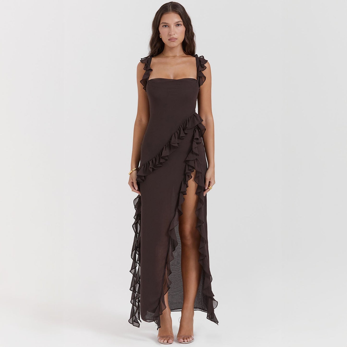 Vestido Giorgia comprido em chiffon com folhos e abertura