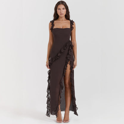 Vestido Giorgia comprido em chiffon com folhos e abertura