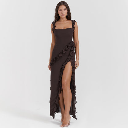 Vestido Giorgia comprido em chiffon com folhos e abertura