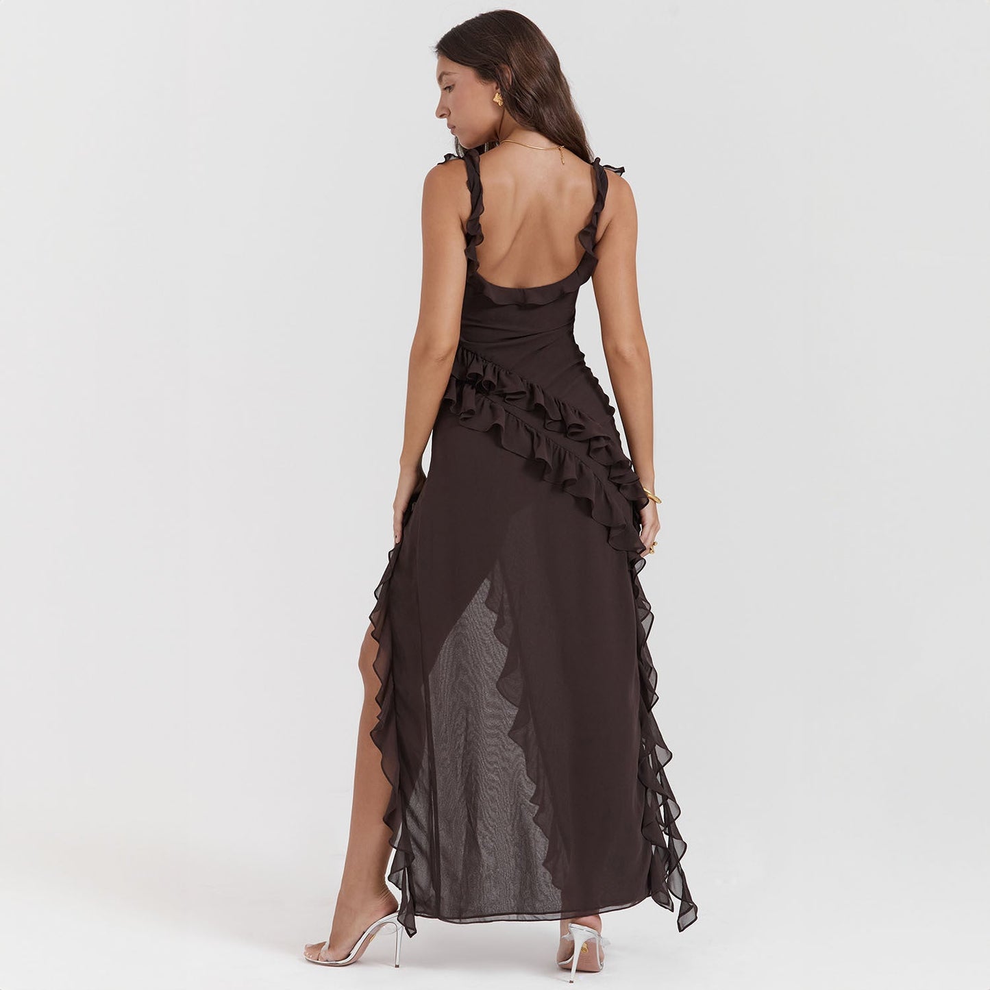Vestido Giorgia comprido em chiffon com folhos e abertura