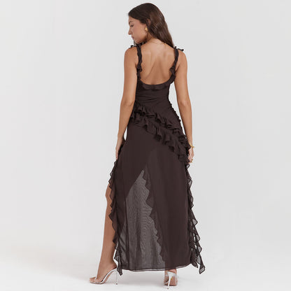 Vestido Giorgia comprido em chiffon com folhos e abertura